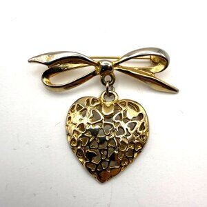 Vintage Gold Tone Bow Brooch With Dangling Heart Charm Filigree Love Pin